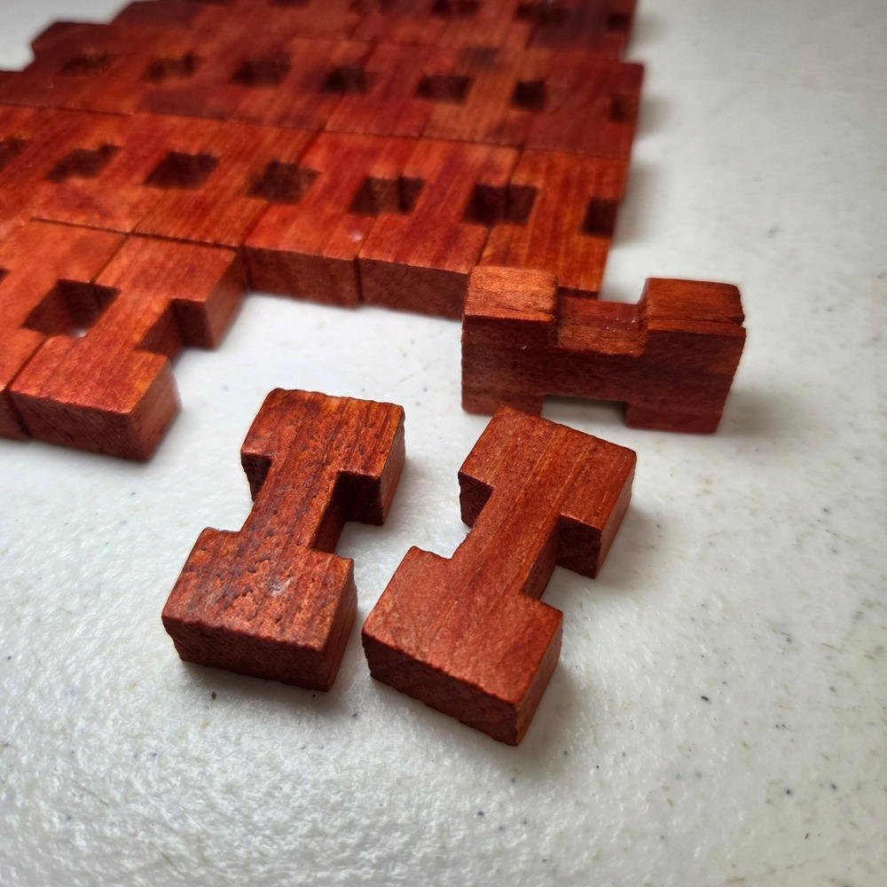 Vintage‎ Red Stained Notched Wood Building Blocks Set Interlocking I-Shape
